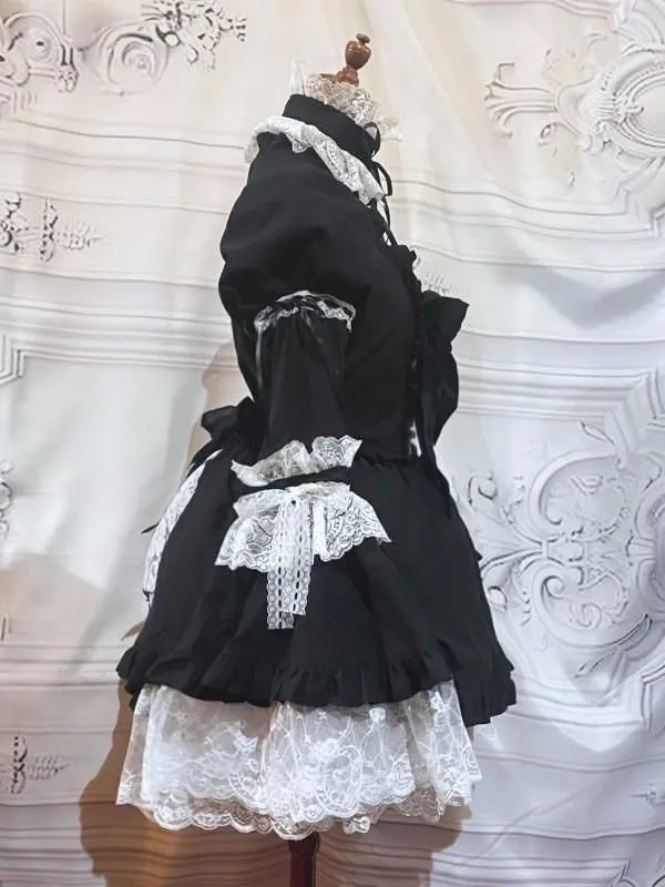 [MARBLE] Marmor-Halsbandkleid im viktorianischen Stil mit Trubelband: Schwarz und Weiß, Größe L★Nicht zum VERKAUF berechtigt★