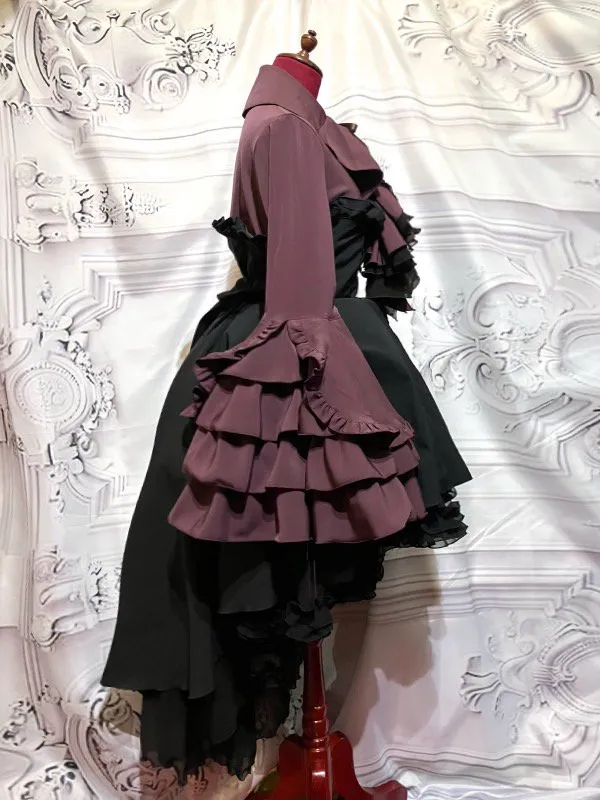 [MARBRE] Robe chemisier élégance gothique marbrée avec lien drapé :Bordeaux×Noir★Non éligible à la VENTE★