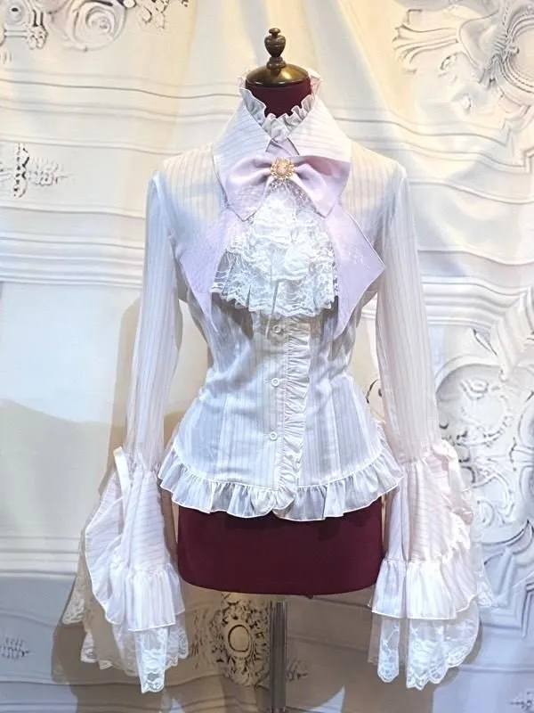 [Marbre] Blouse de décoration classique avec thaï par marbre: Stripe rose x rose x dentelle blanche
