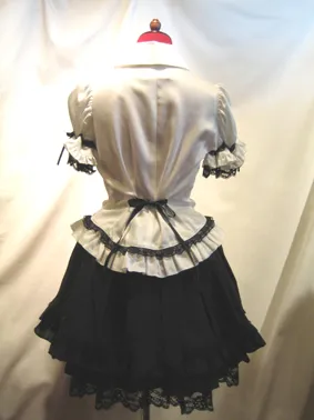 【MARBLE】マーブル　ネクタイ型フリルタイ付きパフスリーブブラウス+前ギャザースカラップスカート：白×黒タイ×黒レース