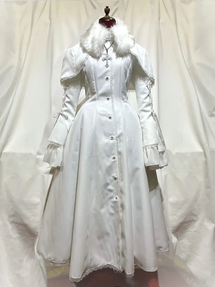 [MARBLE] 마블 퍼 칼라 케이프 장식 천 + 소매 구레나룻 롱 플레어 코트 : 화이트