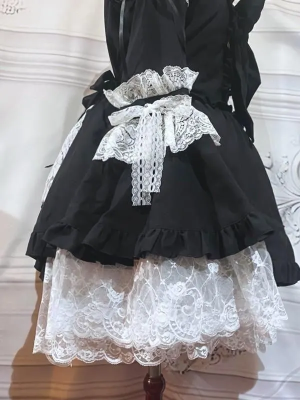 [MARBLE] Marmor-Halsbandkleid im viktorianischen Stil mit Trubelband: Schwarz und Weiß, Größe L★Nicht zum VERKAUF berechtigt★