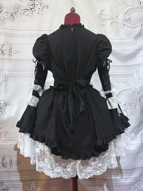 [MARBLE] Marmor-Halsbandkleid im viktorianischen Stil mit Trubelband: Schwarz und Weiß, Größe L★Nicht zum VERKAUF berechtigt★