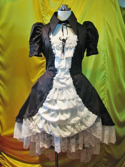 【MARBLE】マーブル　別衿・姫袖付きドレスワンピース：黒×白フリル