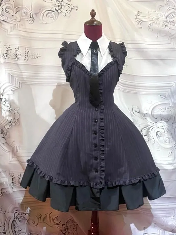 【MARBLE】マーブル　ネクタイブラウス付き風BOXプリーツワンピース：黒白ストライプ×白×黒ネクタイ