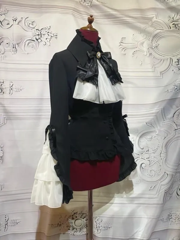 [Marmor] Marmor-Schnürbluse mit Cameo-Krawatte: Schwarz