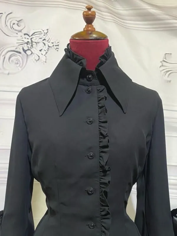 [MARBLE] Marble Lace-up Blouse with cameo tie: Black