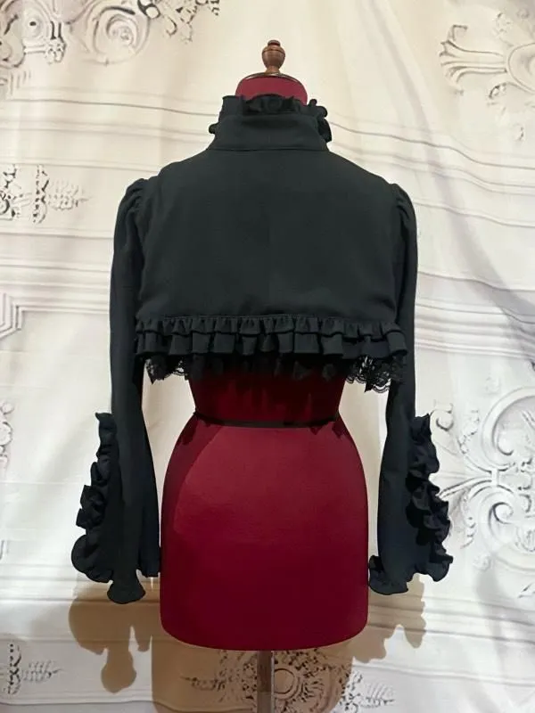 【MARBLE】マーブル　クラシカル調ロングブラウスワンピース+ショート丈モダンジャケット+十字架ネックレス：黒×黒