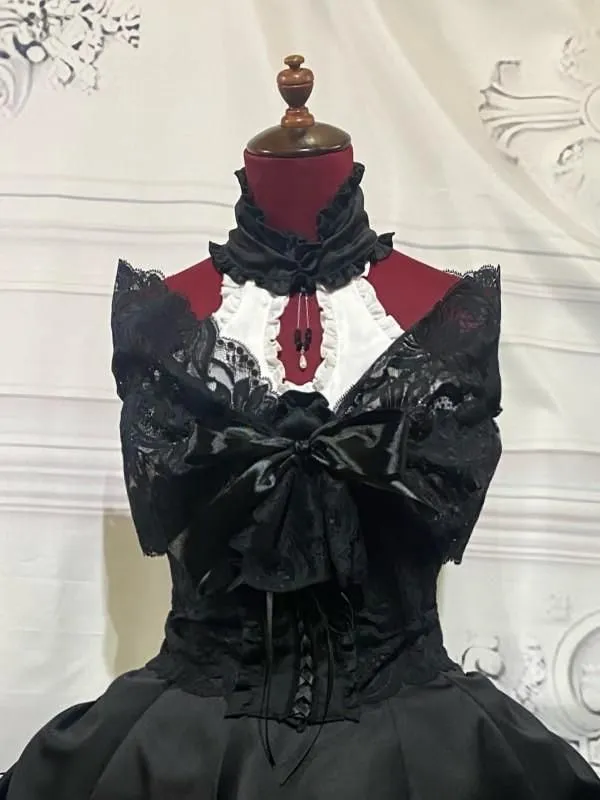 [MARBLE] Marble feminine dress with accessories + lace shawl + lace belt: black