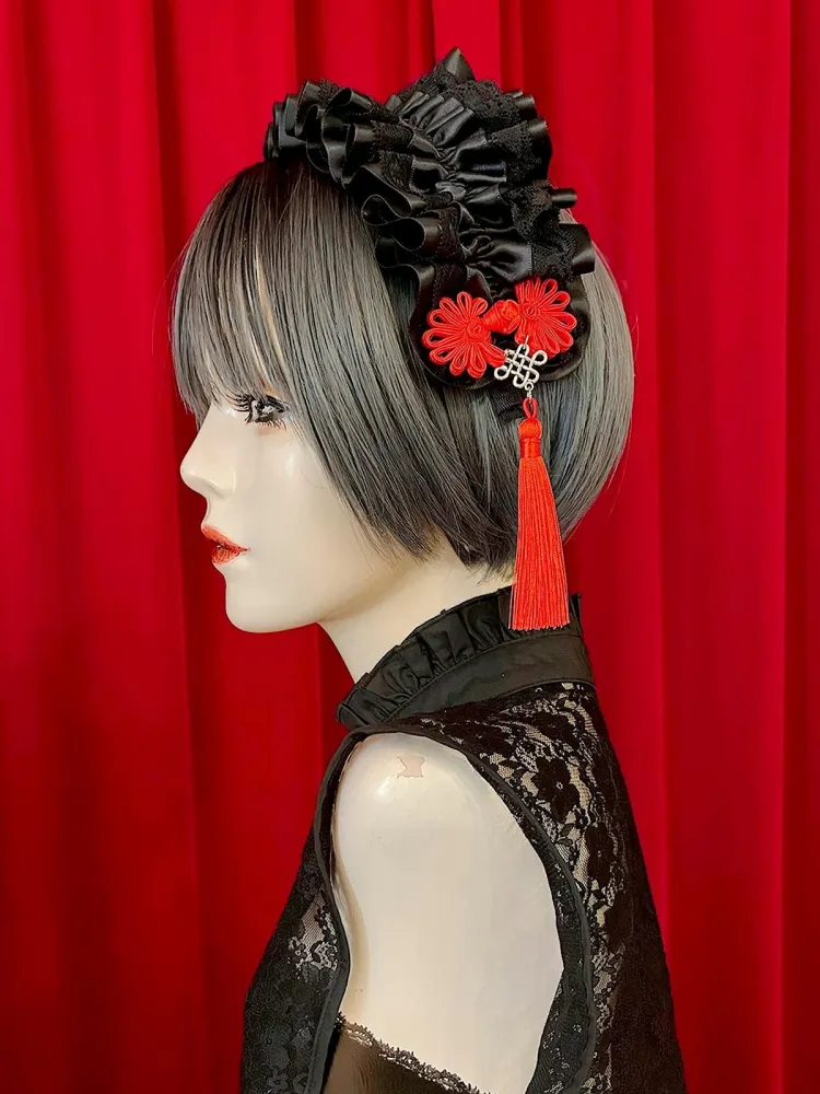 【Estrellas】エストレージャス　アジアンゴシックタッセルカチューシャ／黒×黒／赤タッセル★ウィンターセール2月23日まで★