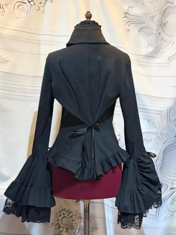 [MARBLE] Marble Classical Decoration Blouse with Separate Tie: Black x Black Stripe x Black Lace