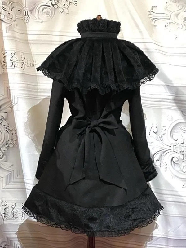 [MARBRE] Manteau de fourrure plissé classique marbré avec cape : Noir