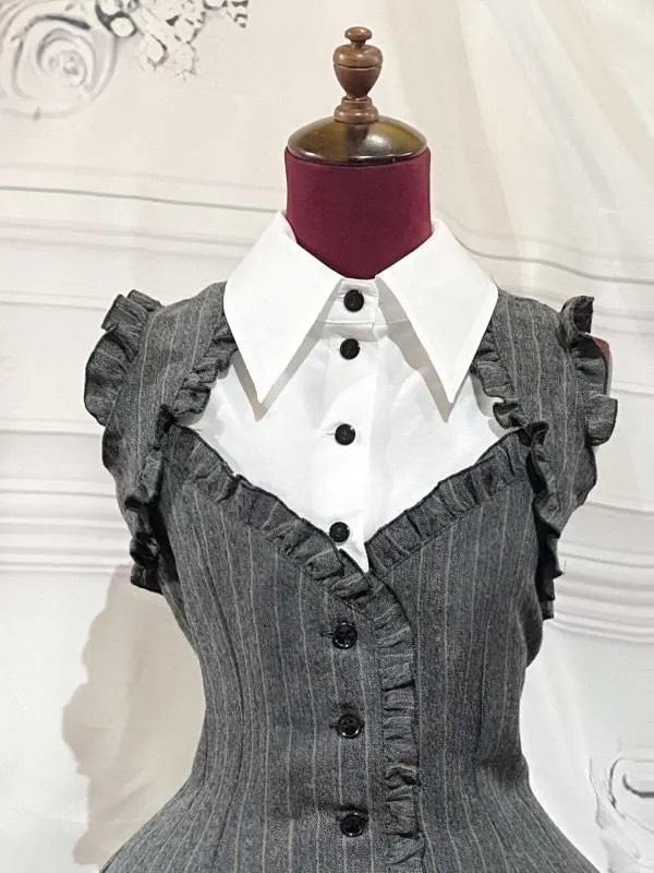 [Mármol] Vestido plisado de caja de estilo de mármol con blusa de corbata: franja negra x blanco x corbata negra