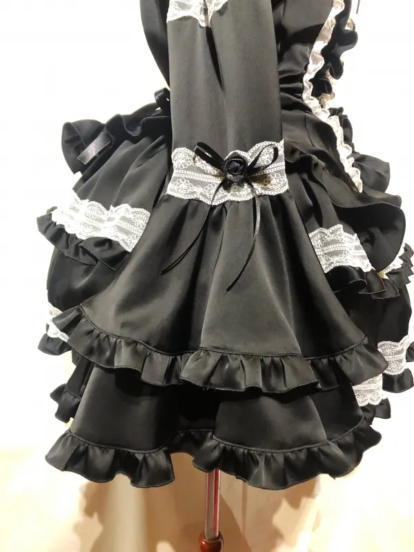 [大理石]大理石螺丝 - 风格的泡芙袖衬衫+puji-含式蕾丝装饰分层裙子：黑色X黑色蕾丝