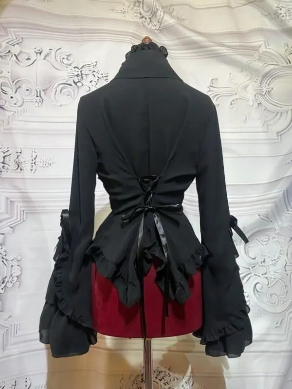 [Mármol] blusa con cordones con corbata de cameo: Black X Black Ruffles - Men's LL
