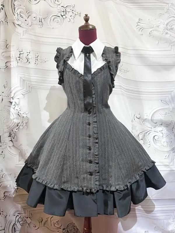 [Mármol] Vestido plisado de caja de estilo de mármol con blusa de corbata: franja negra x blanco x corbata negra