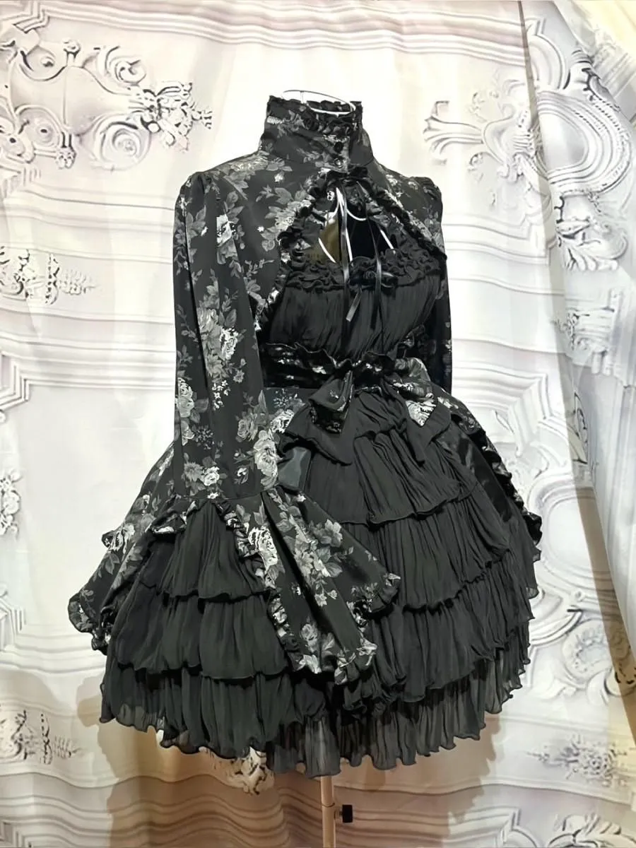 [Marmor] Marmor-Farbstil Bolero mit farbig dekorativem Kleid: Graues Rosenmusterkleid