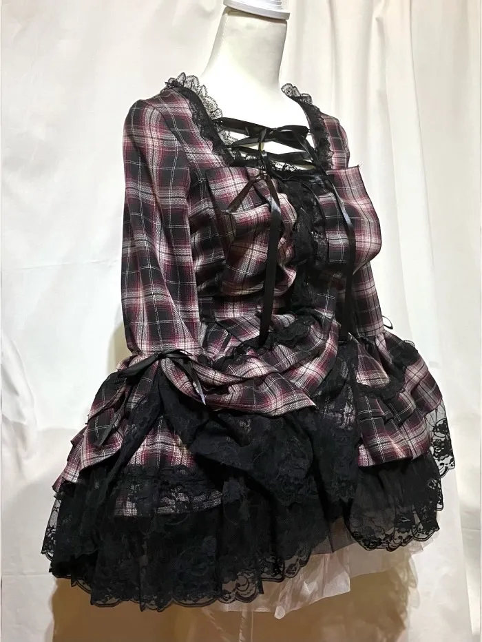 【MARBLE】マーブル　編み上げ総フリルドレスワンピース:黒赤チェック×黒レース