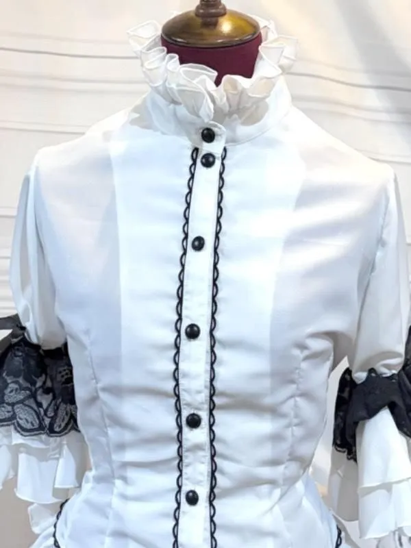 [MARBLE] Marble pearl decoration classic blouse with cameo tie: white x black lace