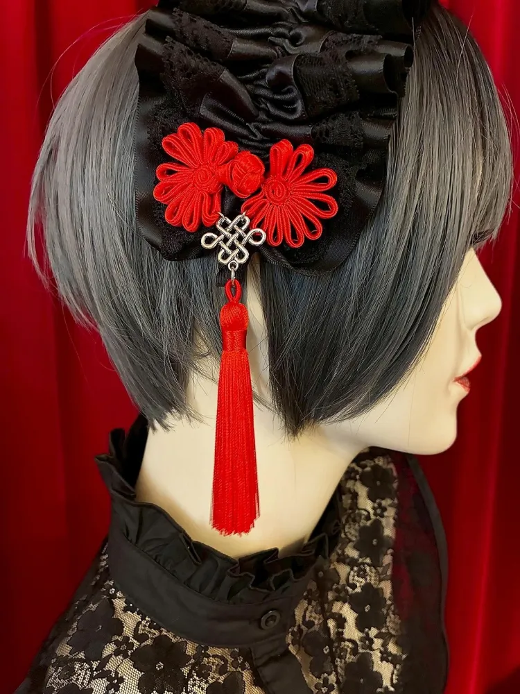 【Estrellas】エストレージャス　アジアンゴシックタッセルカチューシャ／黒×黒／赤タッセル★ウィンターセール2月23日まで★