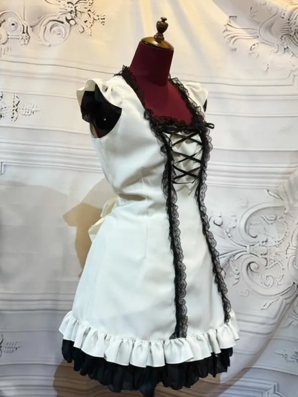 [Marble] Marble frill sleeve knitting dress: white x black lace