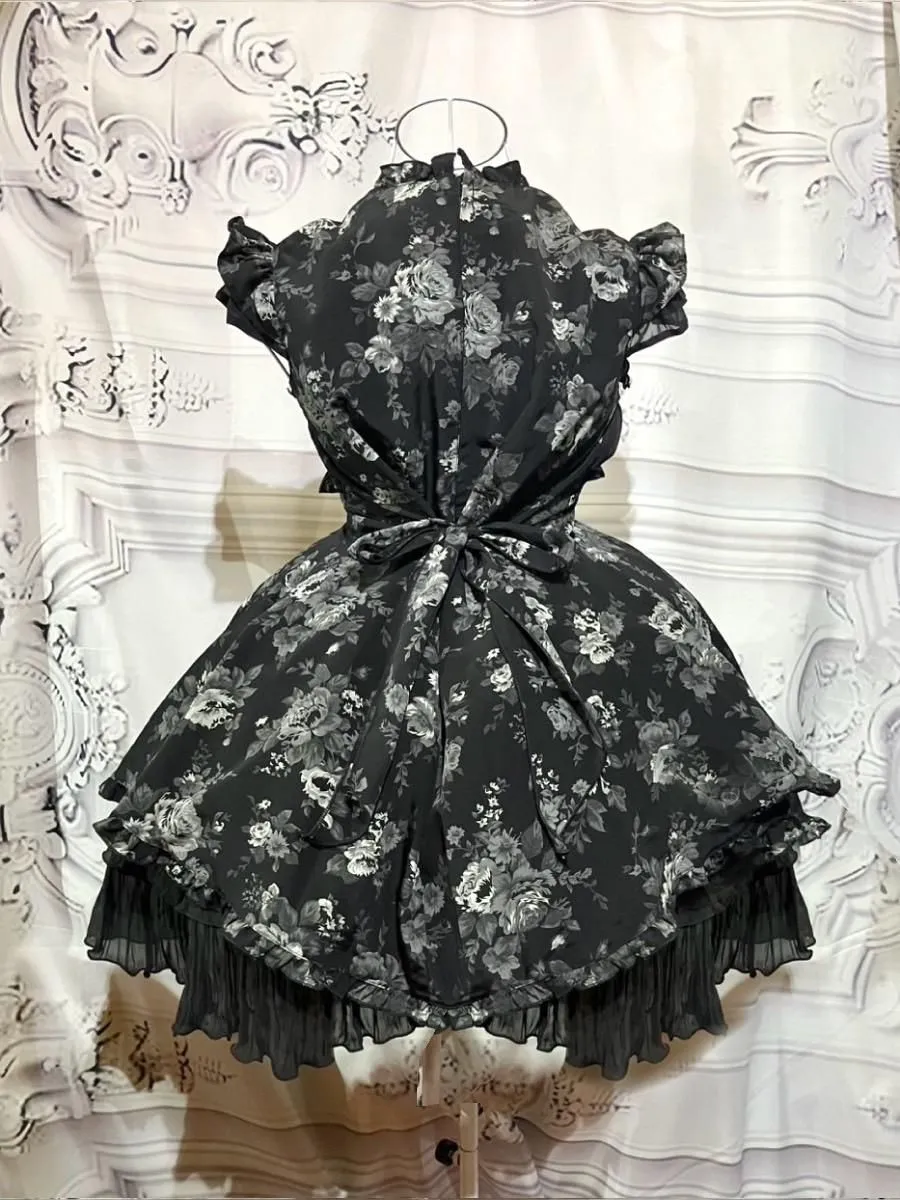 [Marmor] Marmor-Farbstil Bolero mit farbig dekorativem Kleid: Graues Rosenmusterkleid