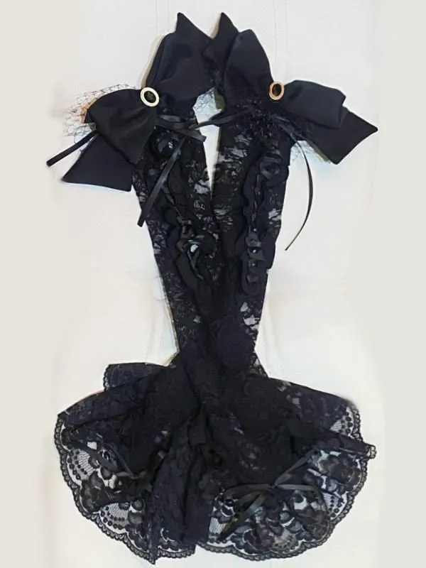 [大理石]胸花的经典花边手套：黑色蕾丝