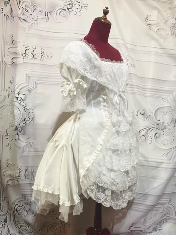 [MARBLE] Marble voluminous dress tuck dress with lace collar: white x white