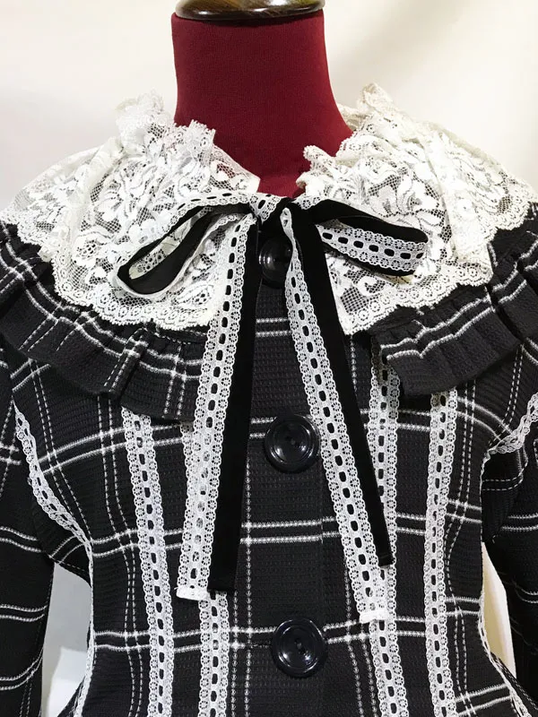 【MARBLE】マーブル　レースデコレーションロマンティックコート：黒白チェック