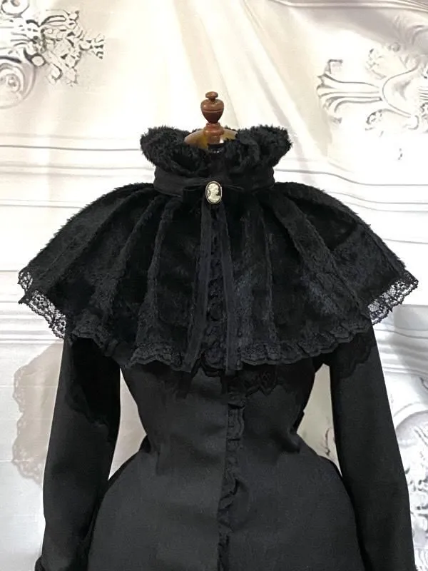 [MARBRE] Manteau de fourrure plissé classique marbré avec cape : Noir