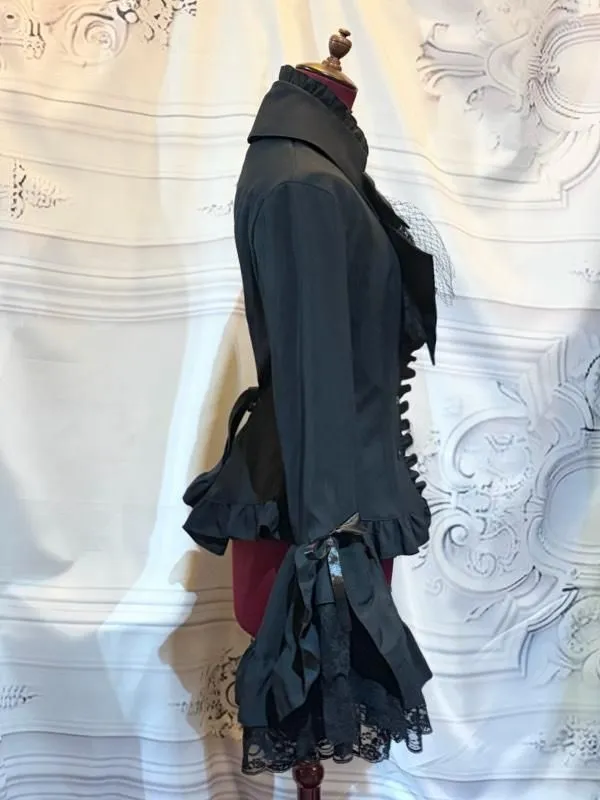 [MARBLE] Marble Classical Decoration Blouse with Separate Tie: Black x Black Stripe x Black Lace