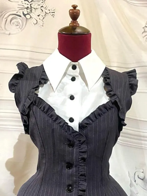 [Marble] Boîte de style marbre Robe plissée avec chemisier à cravate: Black Stripe x White x Black cravate