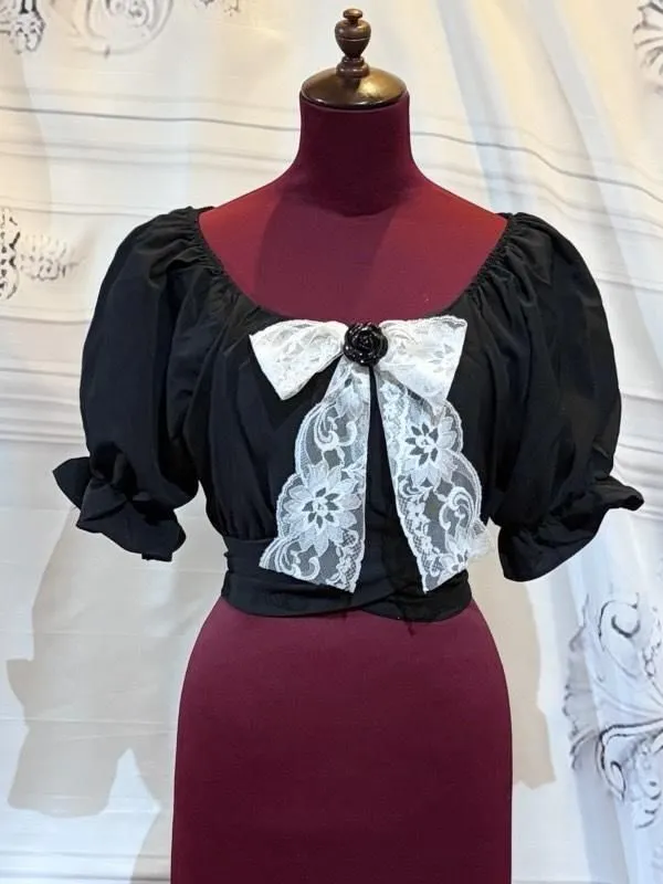 [MARBRE] Manches bouffantes avec ruban marbré coupé-cousu : noir x dentelle blanche x rose noire