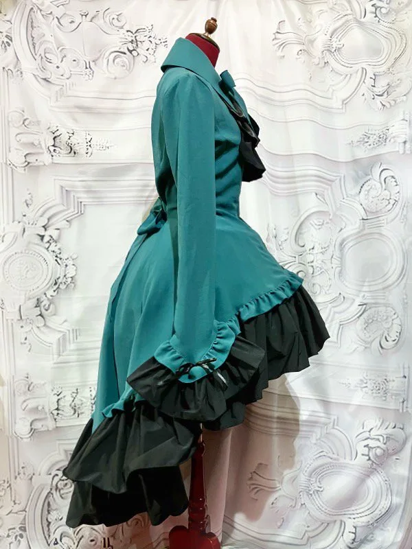 [Marble] Marble Gothic Diamond Cut Thai Blouse type dress: Blue Green x Kuroishi