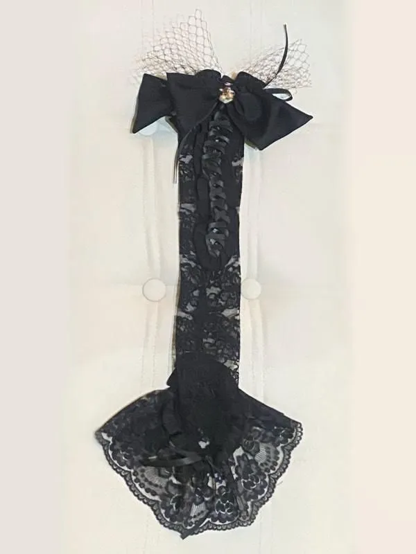 [大理石]胸花的经典花边手套：黑色蕾丝