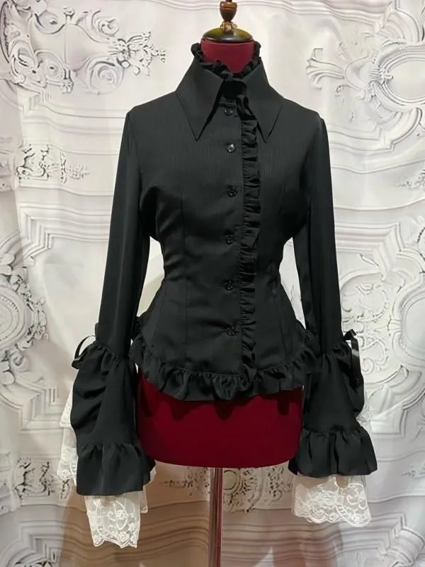 [MARBLE] Marble classical decoration blouse with separate tie: black stripe x black x white lace