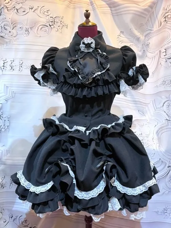 【MARBLE】マーブル　ネクタイ型フリルタイ付きパフスリーブブラウス+前ギャザースカラップスカート：黒×黒タイ×白レース