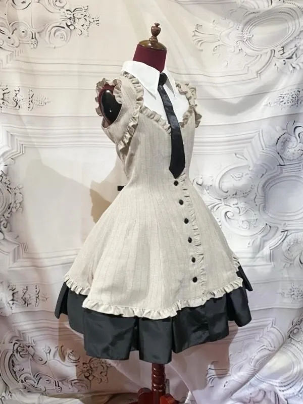 [Mármol] Vestido plisado de caja de estilo de mármol con blusa de corbata: franja negra x blanco x corbata negra