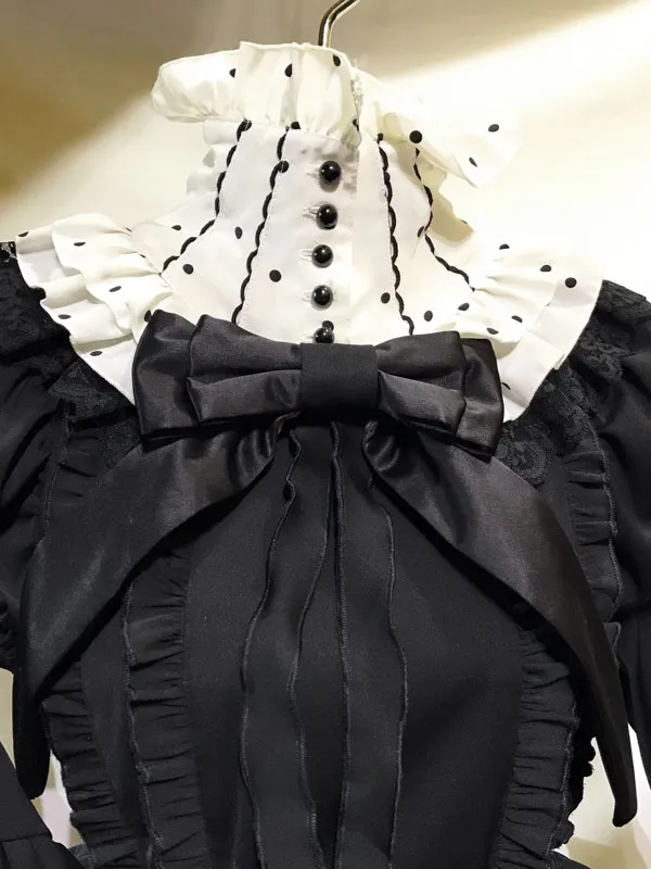 [MARBLE] Marble arch blade switching stand-up collar classic dress: Ecru black dots x black★Not eligible for SALE★