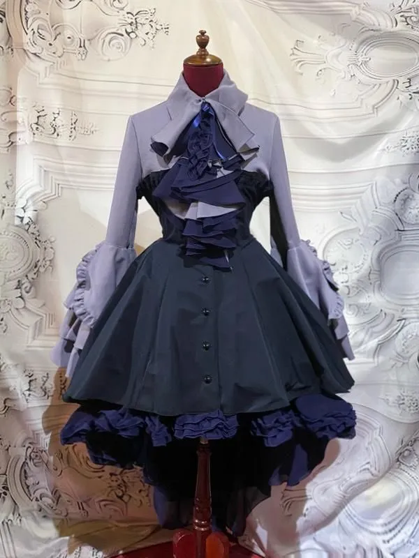 [Mármol] mármol★No es elegible para la venta★Vestido de blusa de elegancia gótica con corbata drapeada: morado x negro