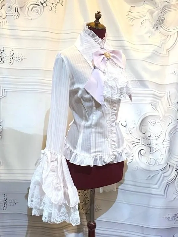 [Marbre] Blouse de décoration classique avec thaï par marbre: Stripe rose x rose x dentelle blanche