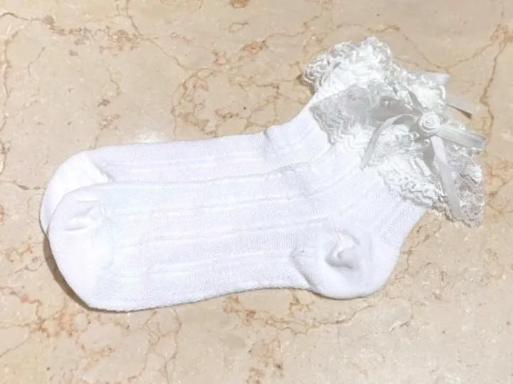 [Marmor] Marmor kurze Socken mit Rosen und Spitze: weiße x weiße Spitze