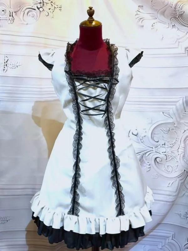 [Marble] Marble frill sleeve knitting dress: white x black lace
