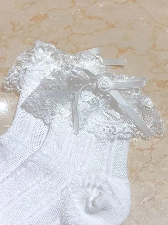 [Marmor] Marmor kurze Socken mit Rosen und Spitze: weiße x weiße Spitze