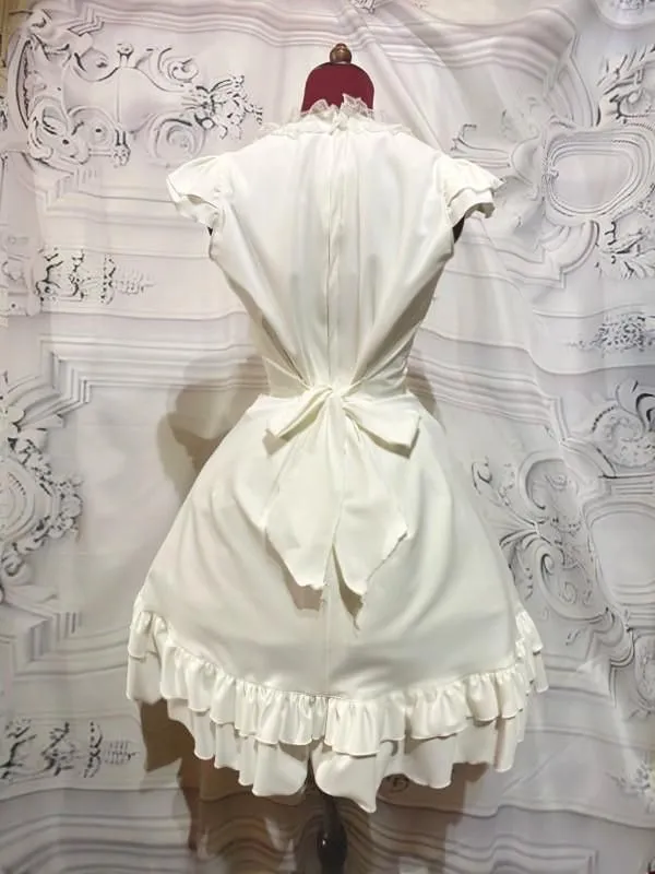 [Marble] Robe de tricot à manches à manches en marbre: Blanc x dentelle noire