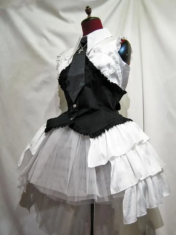 [Marble] Marble Cross Motif Necte Bustier CORSET-Style Blouse Robe: Blanc X Black Stripes x Black Thaïlande