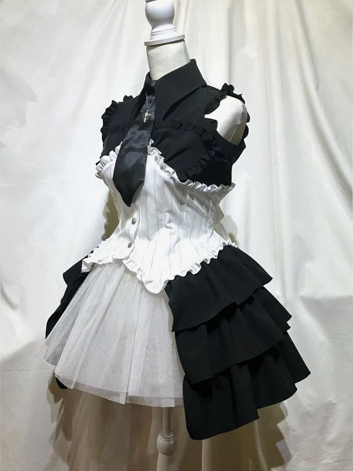 [대리석] 크로스 모티프 넥타이가있는 대리석 bustier 스타일의 코르셋 스타일 블라우스 드레스 : 흰색 x 블랙 스트라이프 x 검은 넥타이