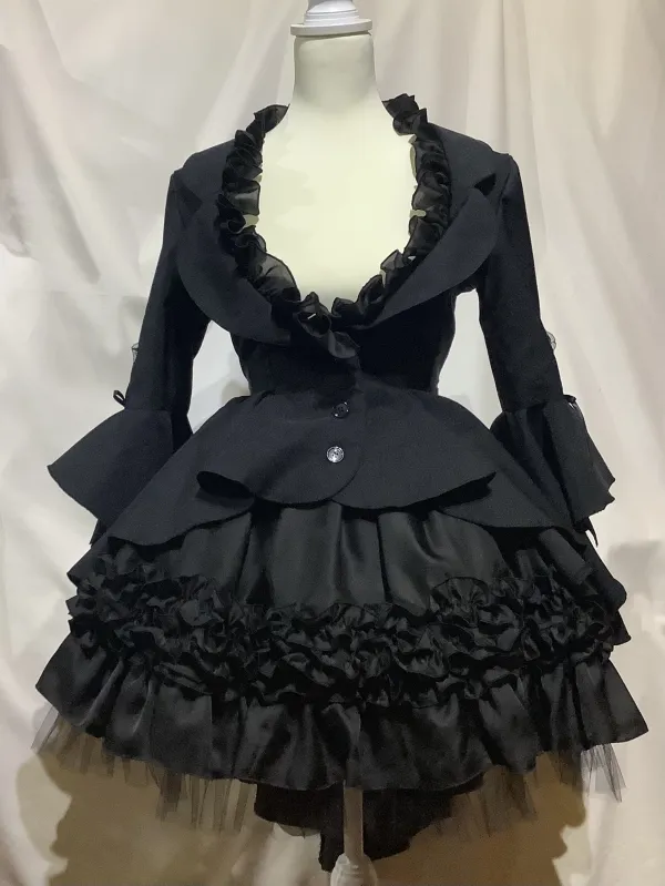 【MARBLE】マーブル　フレアドレープテーラードジャケット+レイヤードフリルスカート：黒×黒フリル×黒レース （黒スカート）