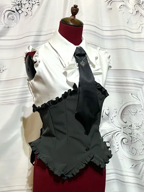[Marmor] Corsett -Stilbluse mit Marmor Krawatte: Schwarz -Weiß x Schwarz Thai