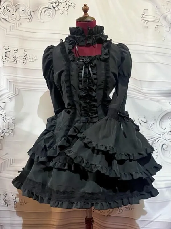 [Marble] Blouse à manches bouffantes de style tour en marbre + Jupe à plusieurs niveaux de la décoration en dentelle contenant Puji: Black x Black Lace